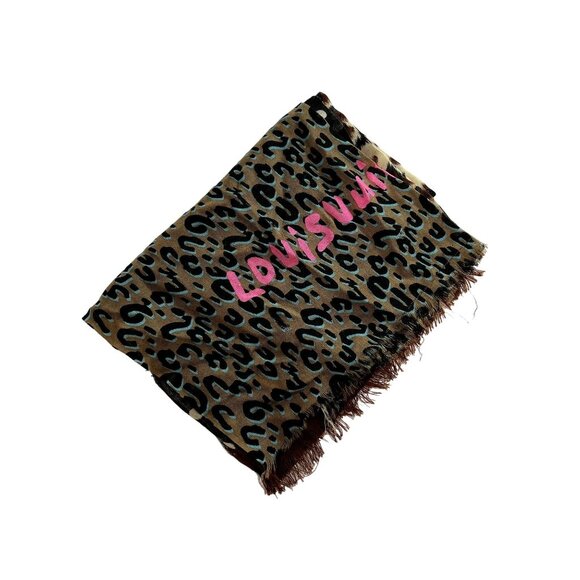 Louis Vuitton Stephen Sprouse Animal Print Striped Scarf in Cream Black Brown - Picture 2 of 8